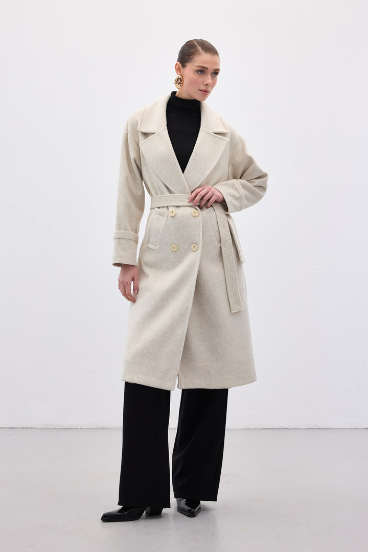 Sateen Manteau Long à Ceinture - Pierre