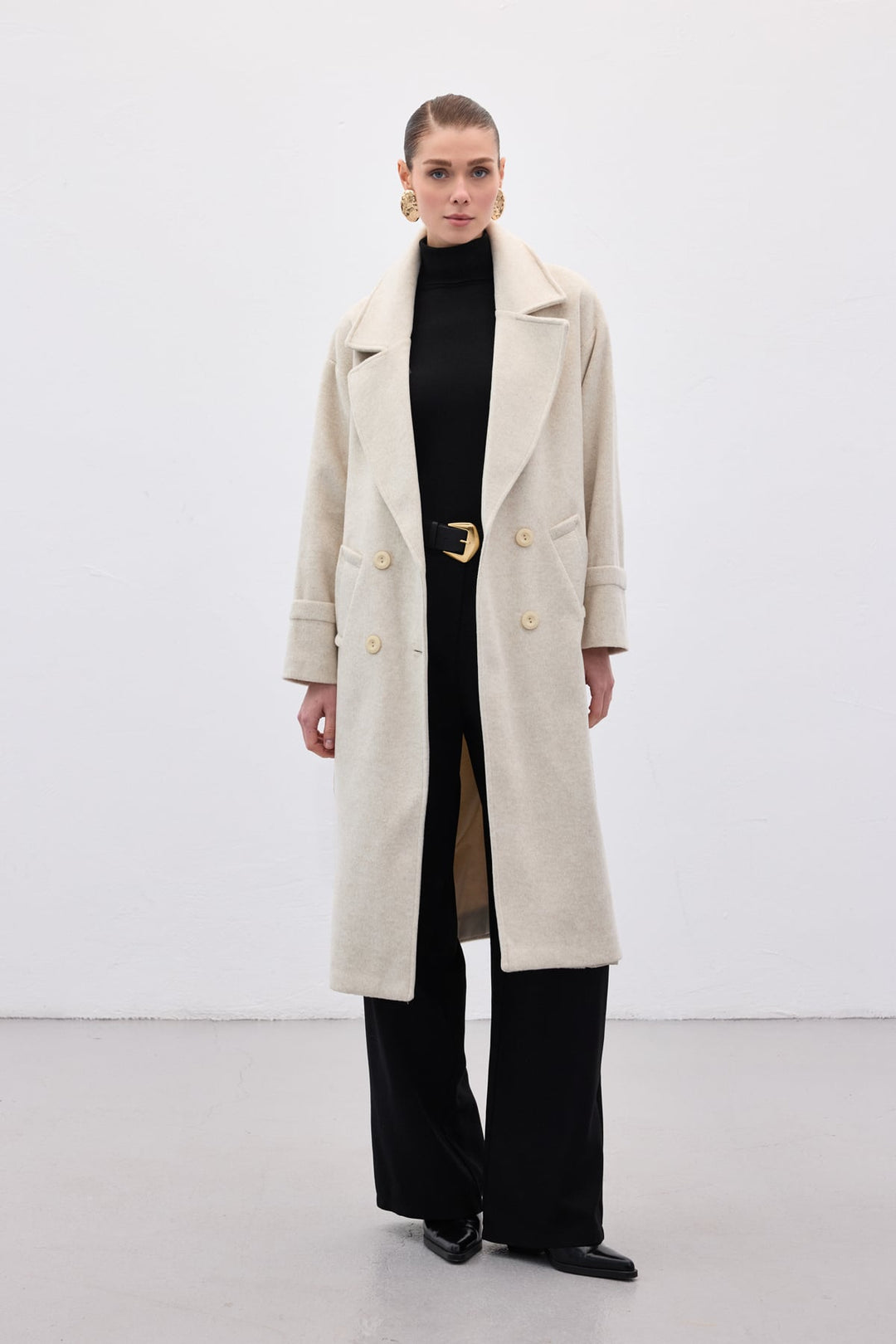 Sateen Manteau Long à Ceinture - Pierre