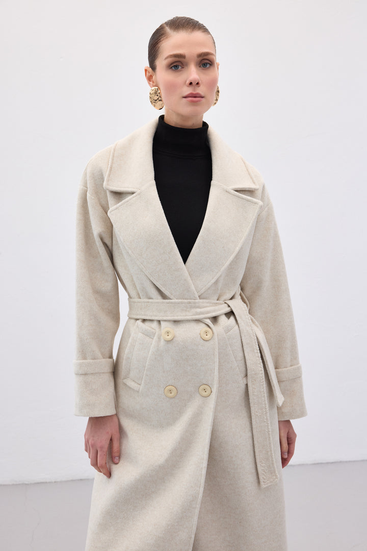 Sateen Manteau Long à Ceinture - Pierre
