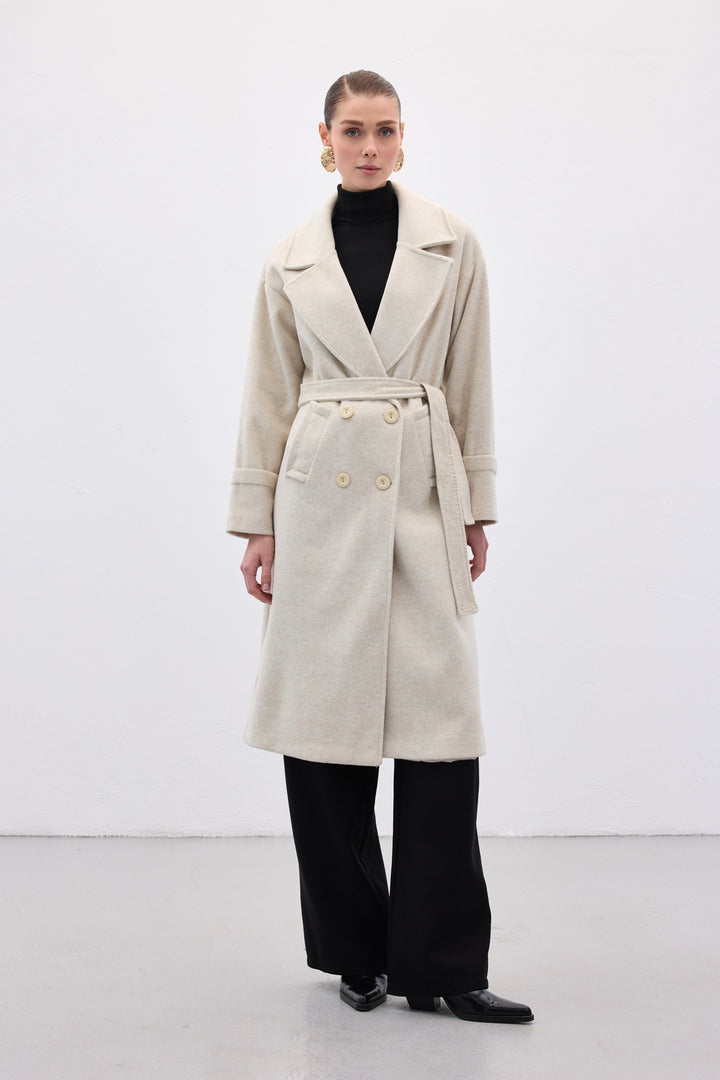 Sateen Manteau Long à Ceinture - Pierre