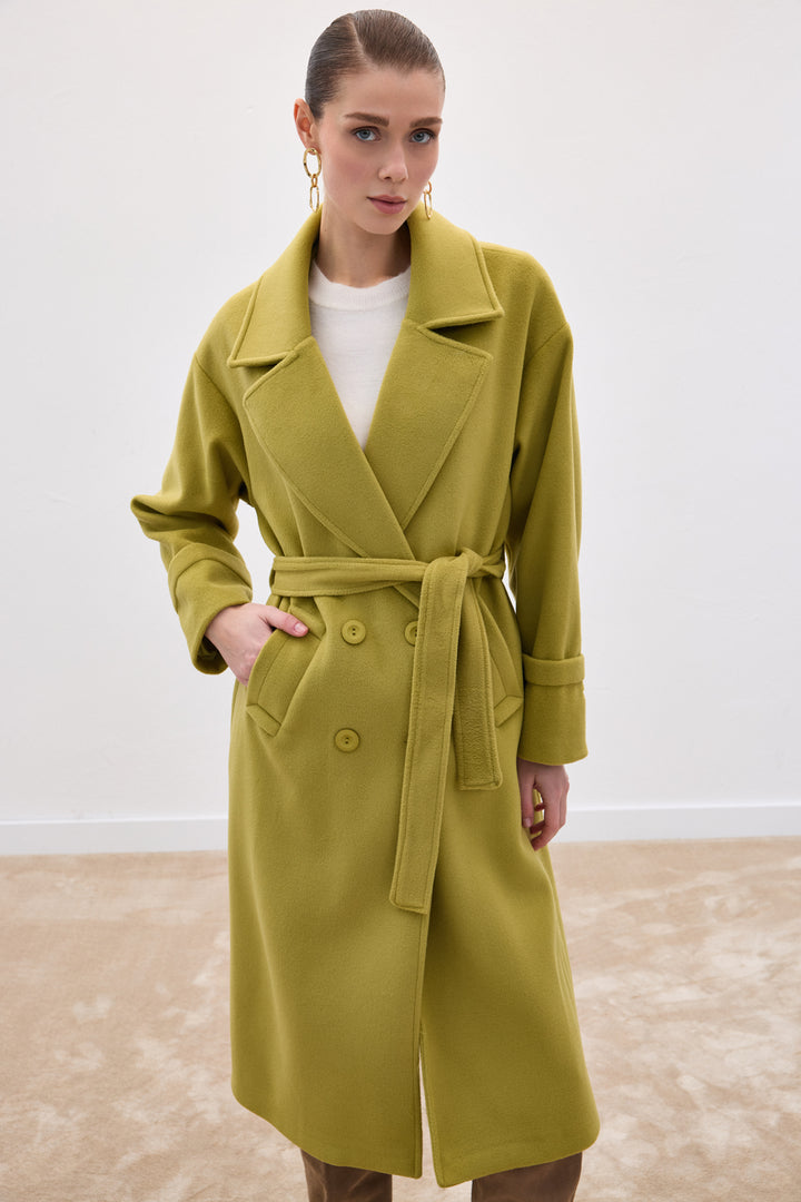Sateen Manteau Long à Ceinture - Vert olive