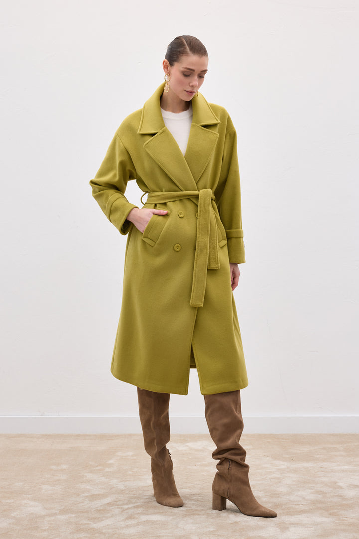 Sateen Manteau Long à Ceinture - Vert olive