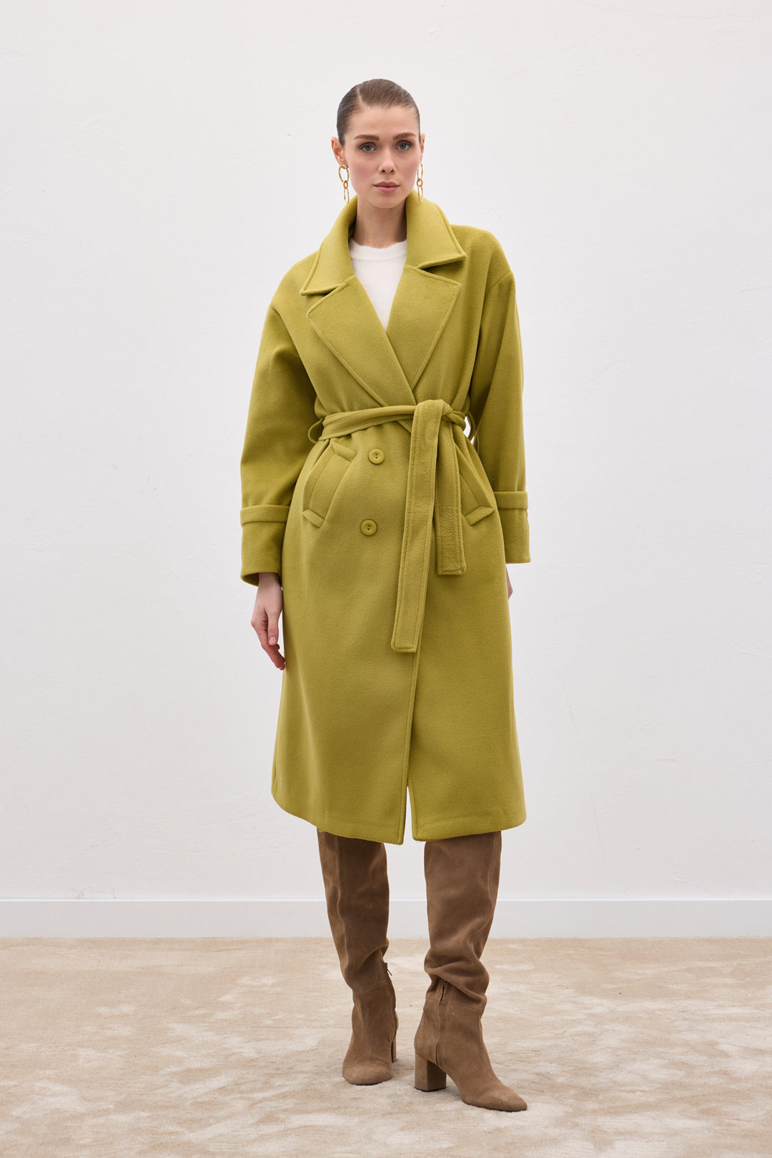 Sateen Manteau Long à Ceinture - Vert olive