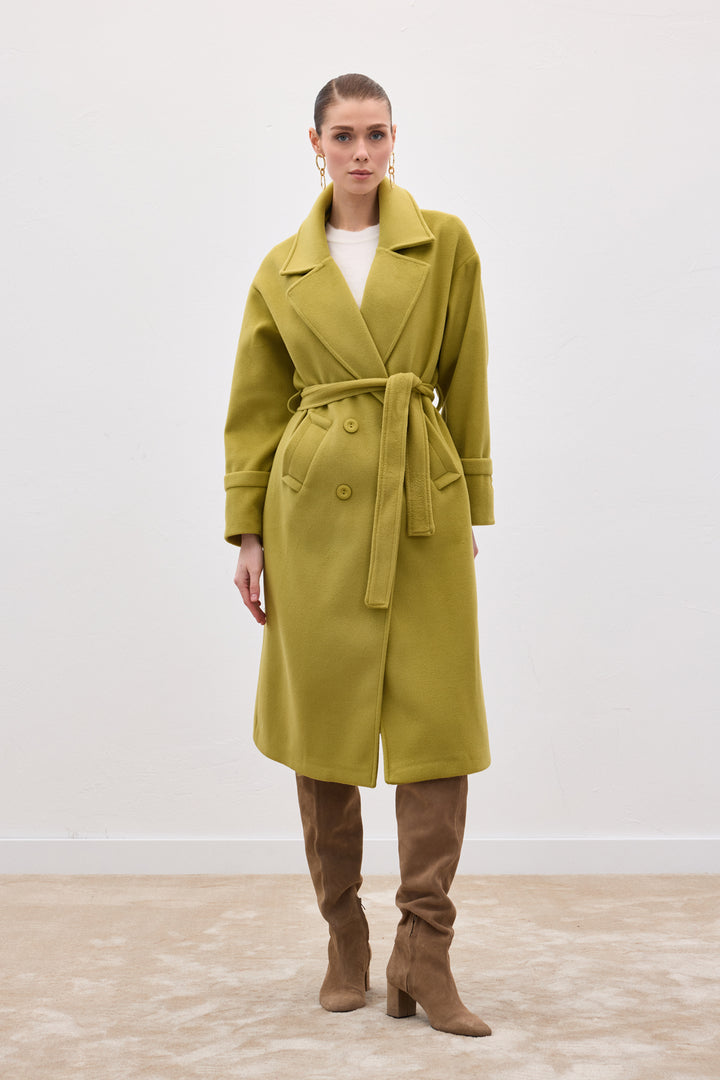 Sateen Manteau Long à Ceinture - Vert olive