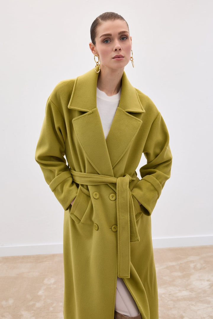 Sateen Manteau Long à Ceinture - Vert olive