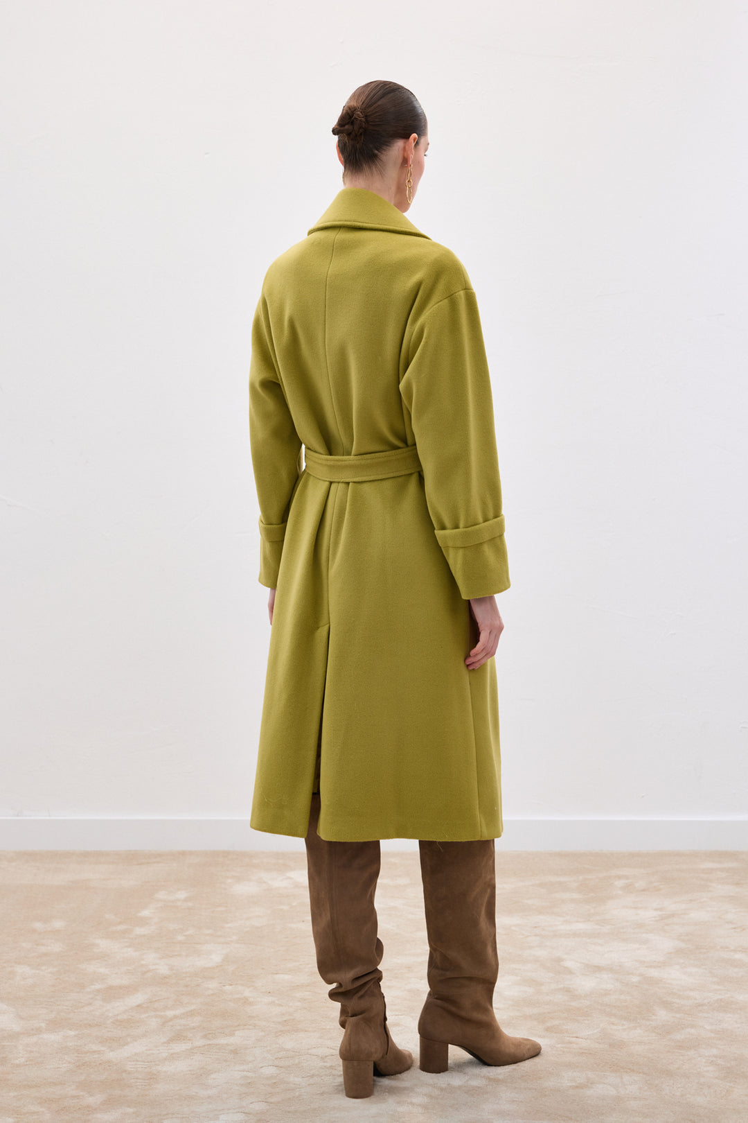 Sateen Manteau Long à Ceinture - Vert olive