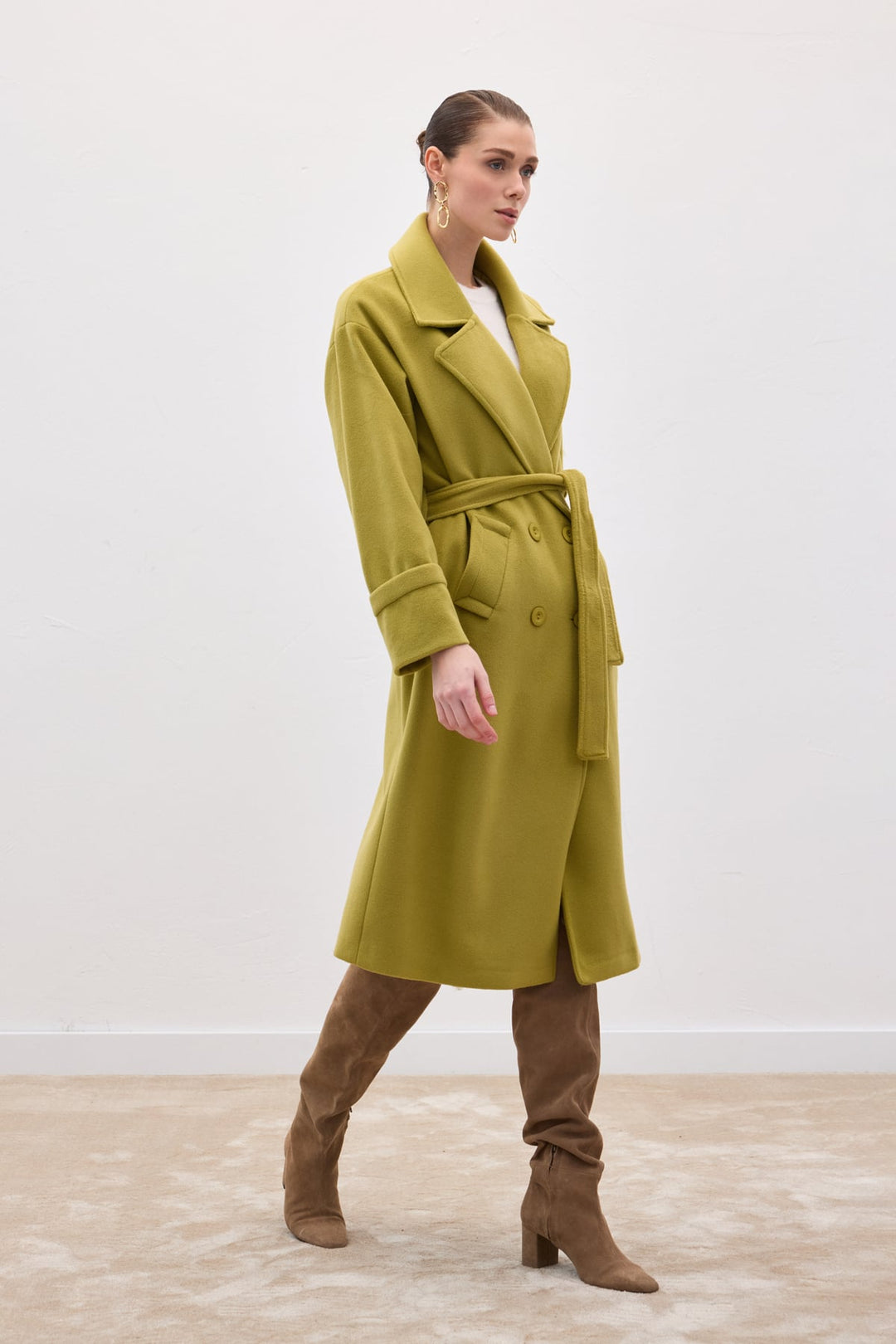 Sateen Manteau Long à Ceinture - Vert olive