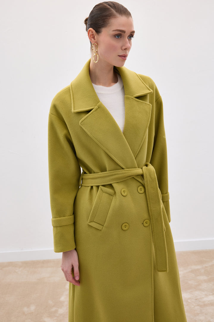 Sateen Manteau Long à Ceinture - Vert olive