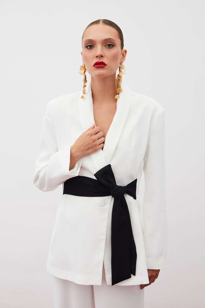 Sateen Veste longue ceinturée - Écru