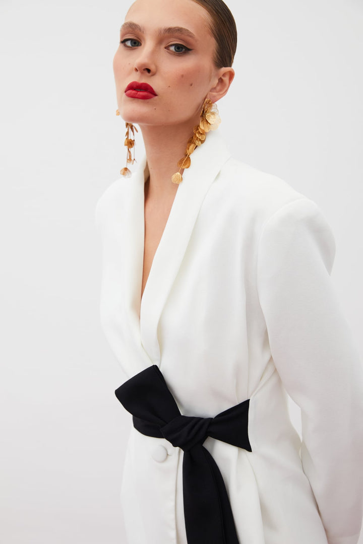 Sateen Veste longue ceinturée - Écru