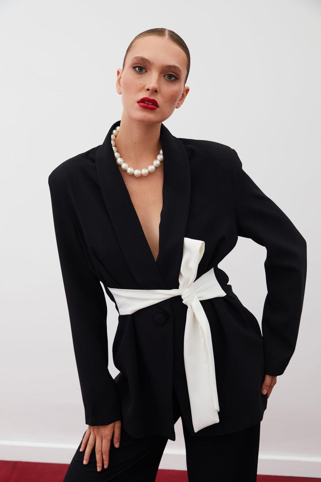 Sateen Veste longue ceinturée - Noir