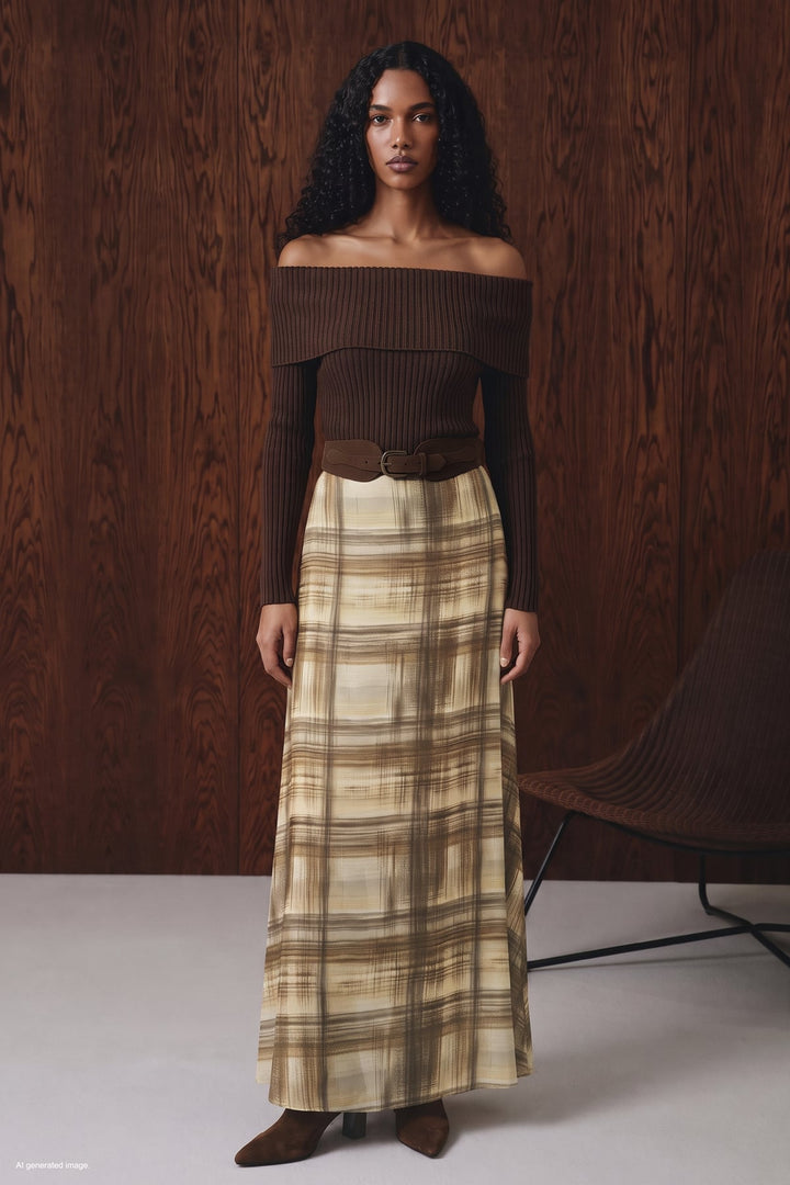 Sateen Jupe longue à taille élastique - Marron