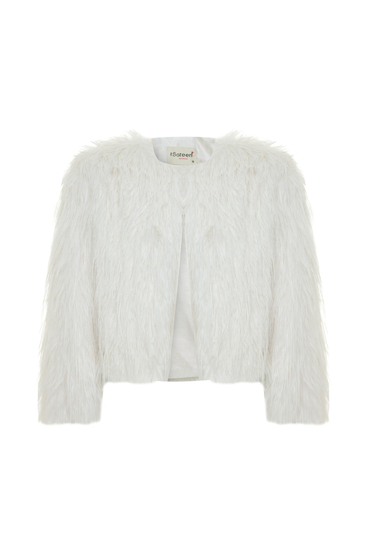 Sateen Manteau en fourrure synthétique à col rond - Écru