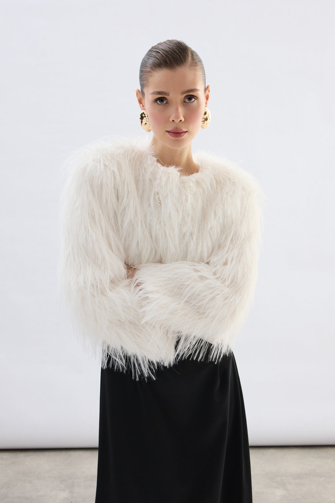 Sateen Manteau en fourrure synthétique à col rond - Écru