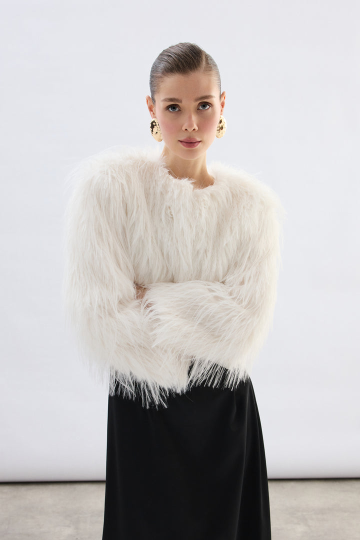 Sateen Manteau en fourrure synthétique à col rond - Écru