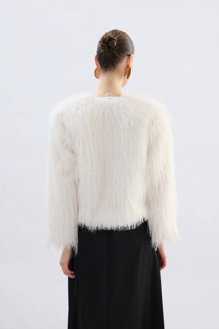 Sateen Manteau en fourrure synthétique à col rond - Écru