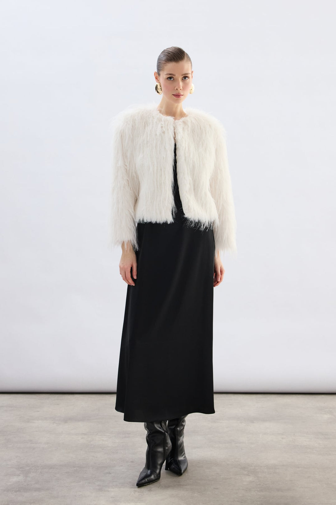 Sateen Manteau en fourrure synthétique à col rond - Écru