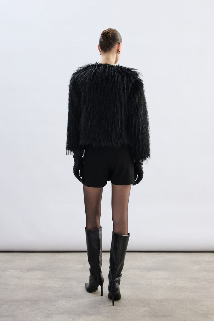 Sateen Pull Col Roulé en Fourrure Synthétique - Noir