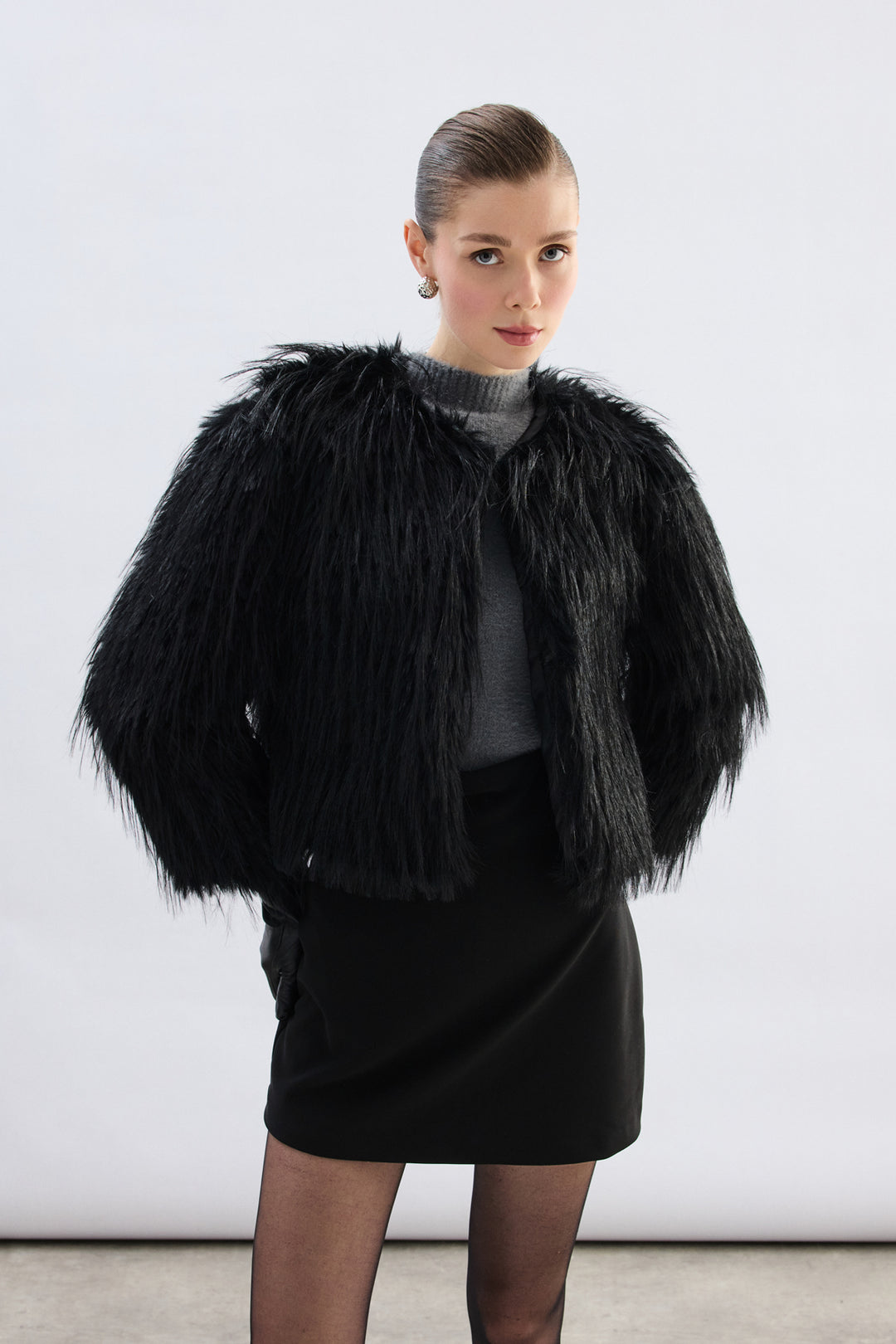 Sateen Pull Col Roulé en Fourrure Synthétique - Noir
