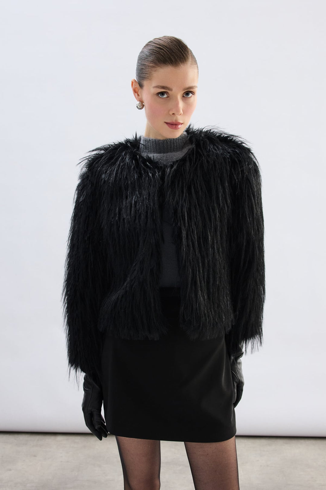 Sateen Pull Col Roulé en Fourrure Synthétique - Noir