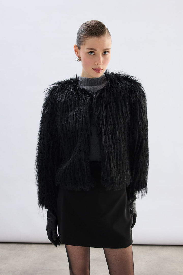 Sateen Pull Col Roulé en Fourrure Synthétique - Noir