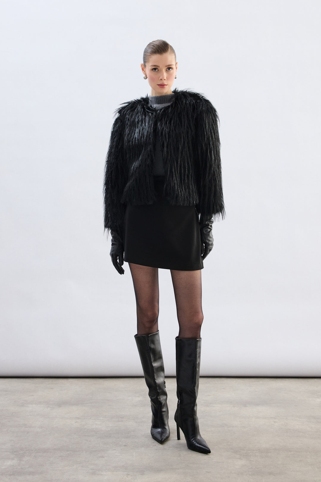 Sateen Pull Col Roulé en Fourrure Synthétique - Noir