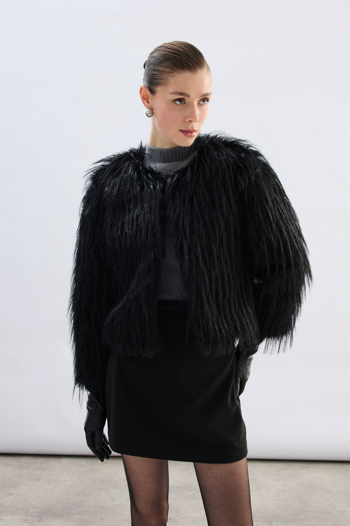 Sateen Pull Col Roulé en Fourrure Synthétique - Noir