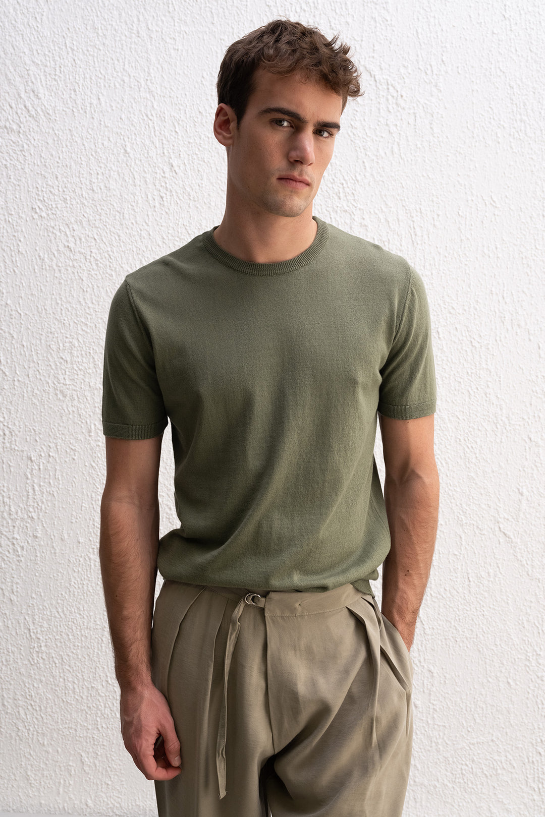 Giesto T-shirt à col rond en tricot kaki - Kaki
