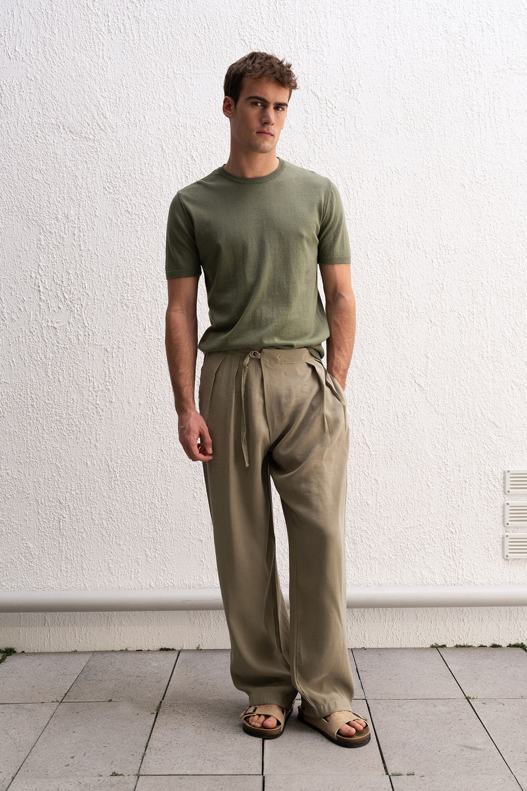 Giesto T-shirt à col rond en tricot kaki - Kaki