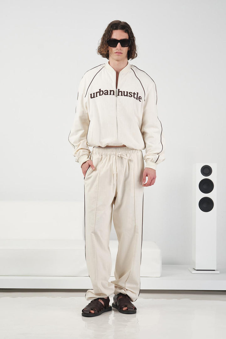 Giesto Pantalon jogger beige en lin avec passepoil - Beige