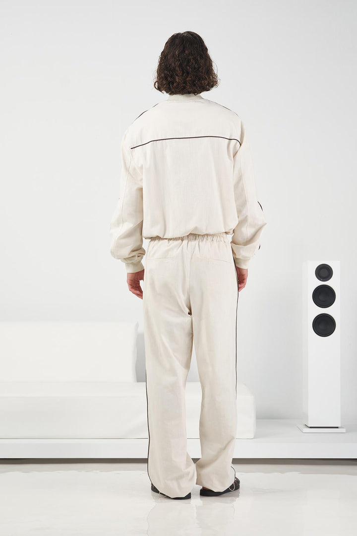 Giesto Pantalon jogger beige en lin avec passepoil - Beige