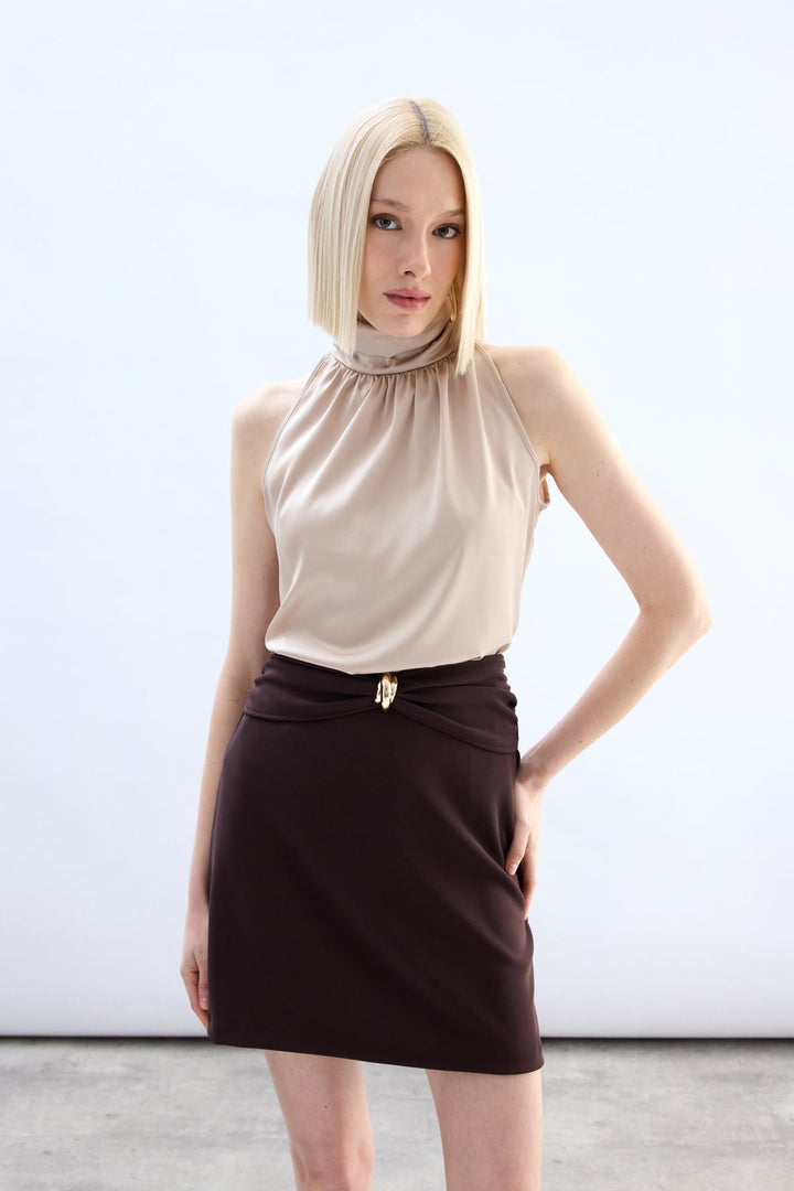 Sateen Blouse Sans Manches à Col Montant - Beige