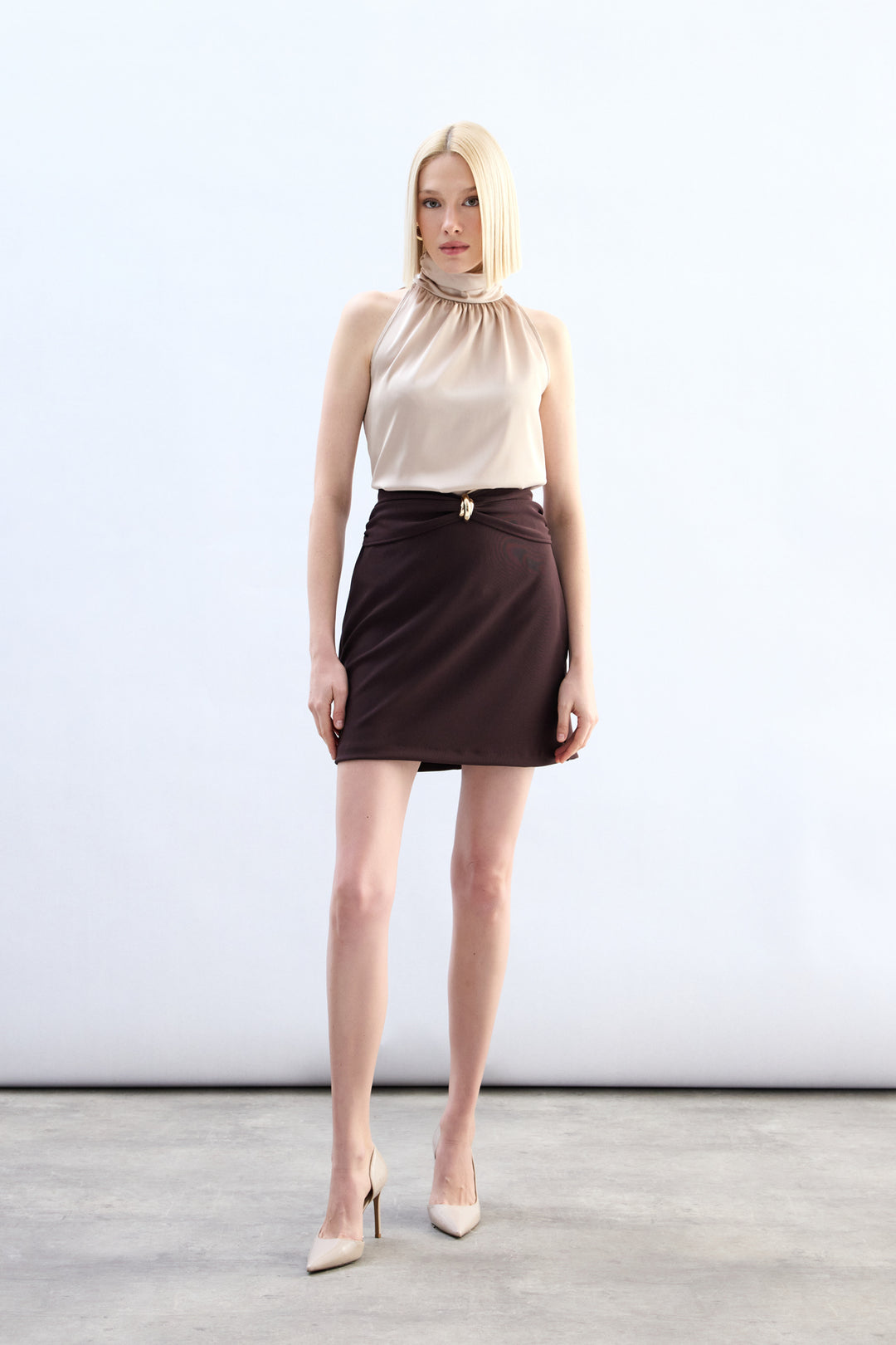 Sateen Blouse Sans Manches à Col Montant - Beige