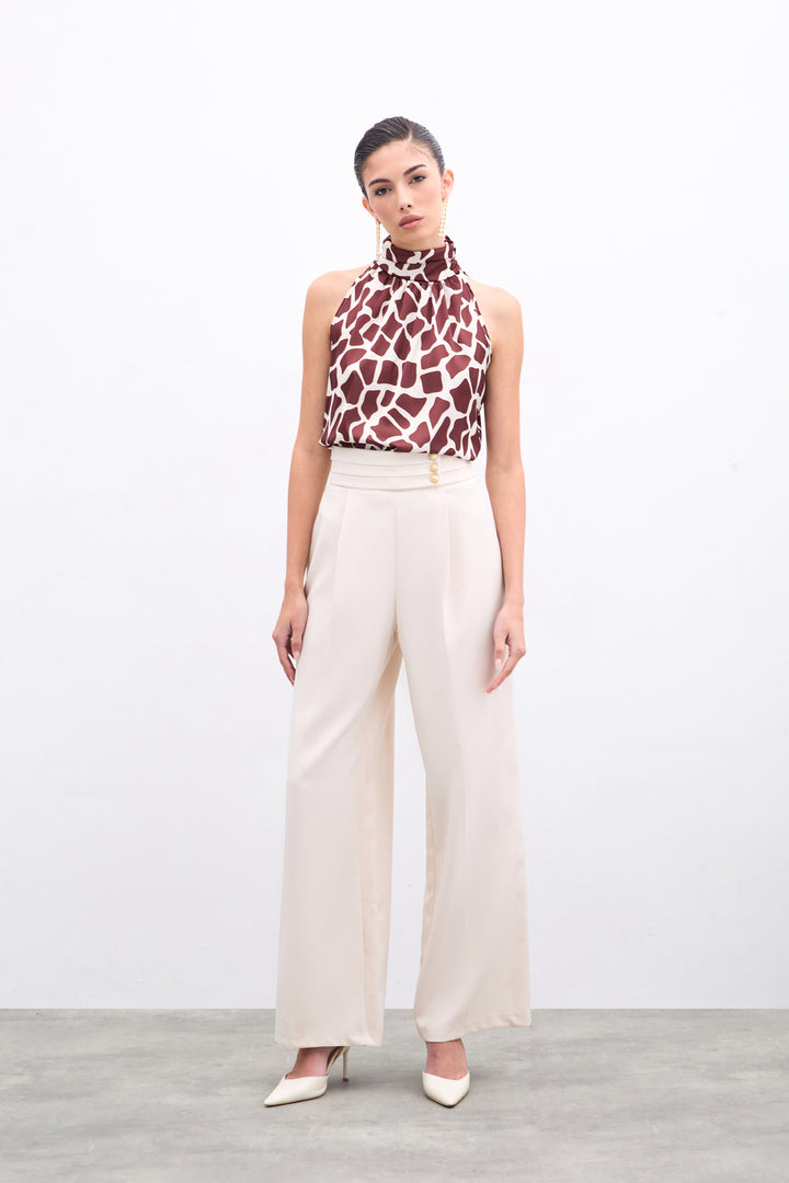 Sateen Blouse sans manches à col montant - Beige-Marron