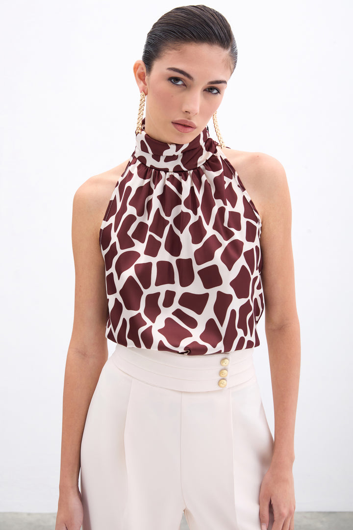 Sateen Blouse sans manches à col montant - Beige-Marron
