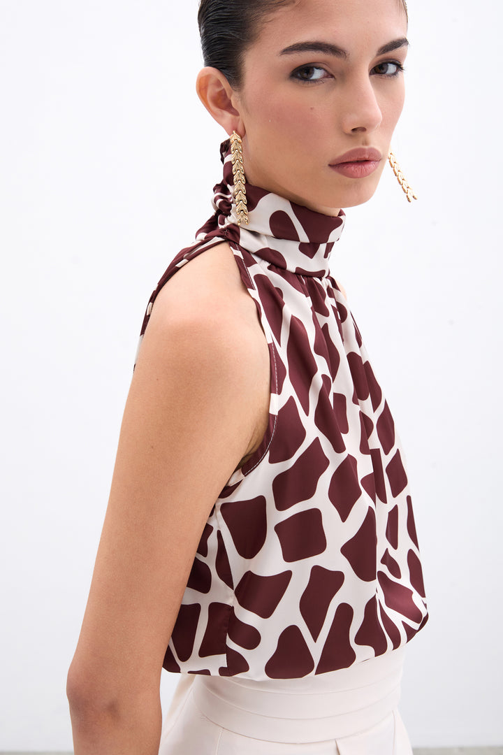 Sateen Blouse sans manches à col montant - Beige-Marron