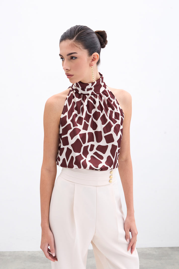 Sateen Blouse sans manches à col montant - Beige-Marron