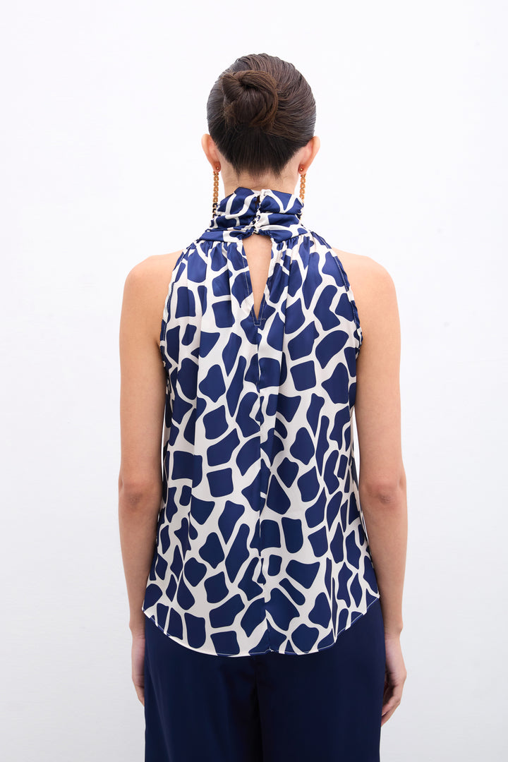 Sateen Blouse sans manches à col montant - Beige / Bleu marine