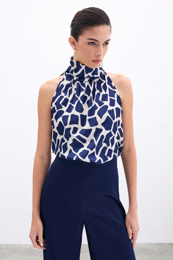 Sateen Blouse sans manches à col montant - Beige / Bleu marine