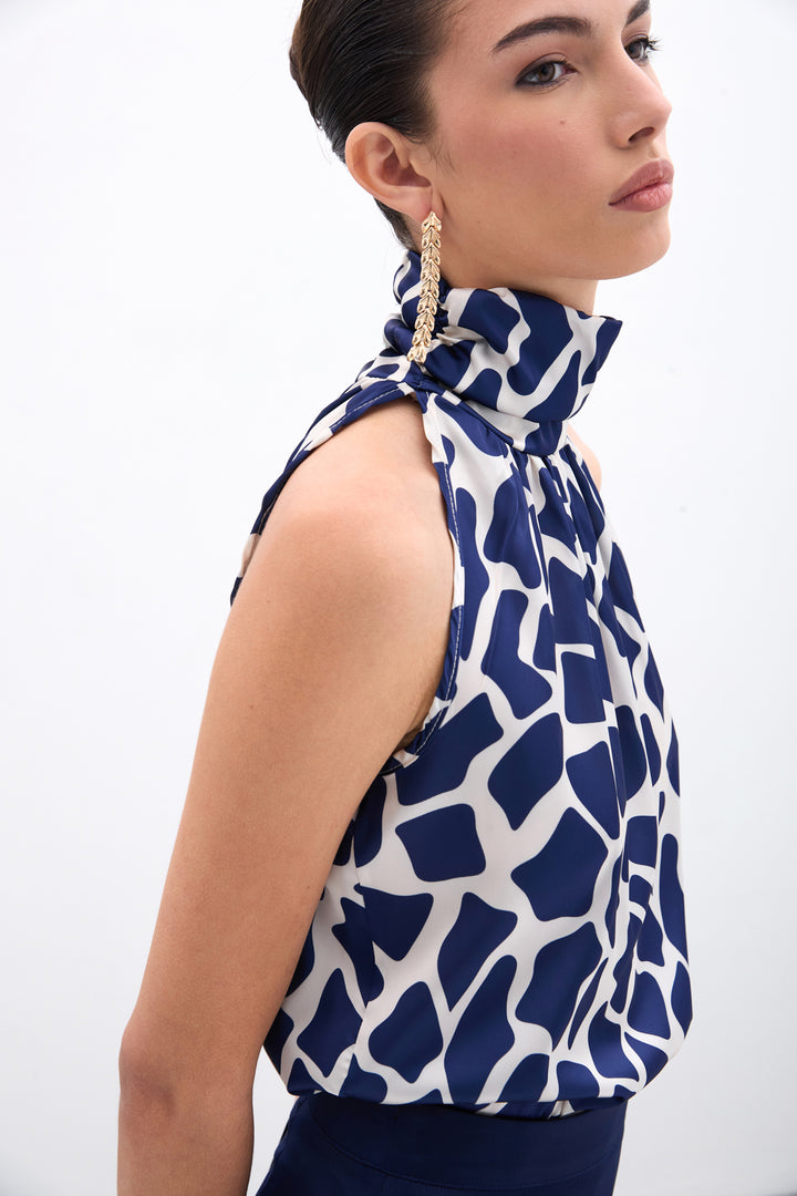 Sateen Blouse sans manches à col montant - Beige / Bleu marine