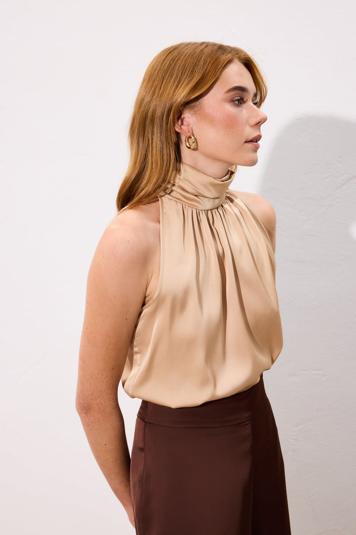 Sateen Blouse sans manches à col montant - camel