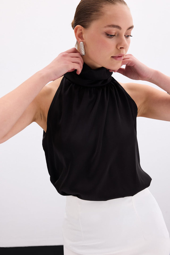 Sateen Blouse Sans Manches à Col Montant - Noir