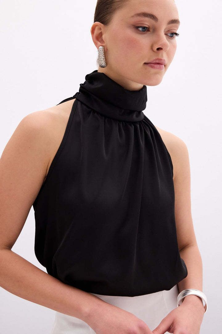 Sateen Blouse Sans Manches à Col Montant - Noir