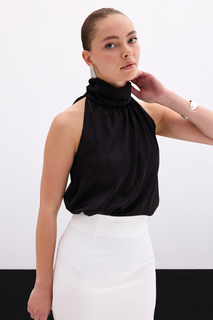 Sateen Blouse Sans Manches à Col Montant - Noir