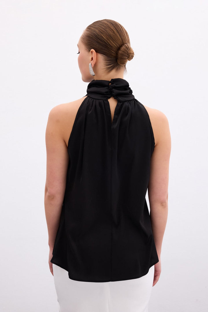 Sateen Blouse Sans Manches à Col Montant - Noir