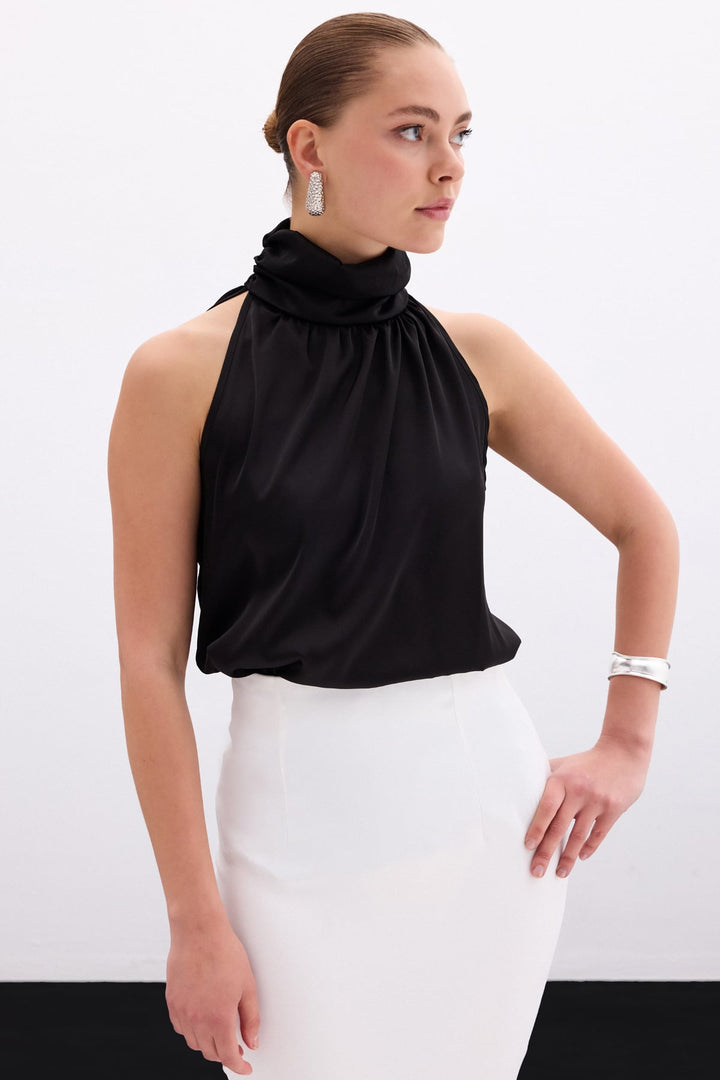 Sateen Blouse Sans Manches à Col Montant - Noir