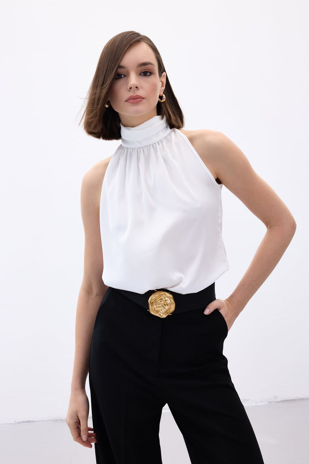 Sateen Blouse Sans Manches à Col Montant - Écru