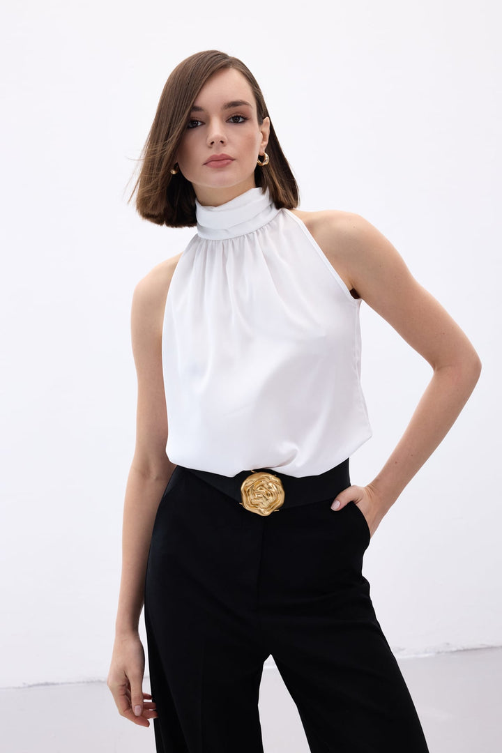 Sateen Blouse Sans Manches à Col Montant - Écru