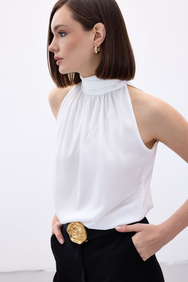 Sateen Blouse Sans Manches à Col Montant - Écru