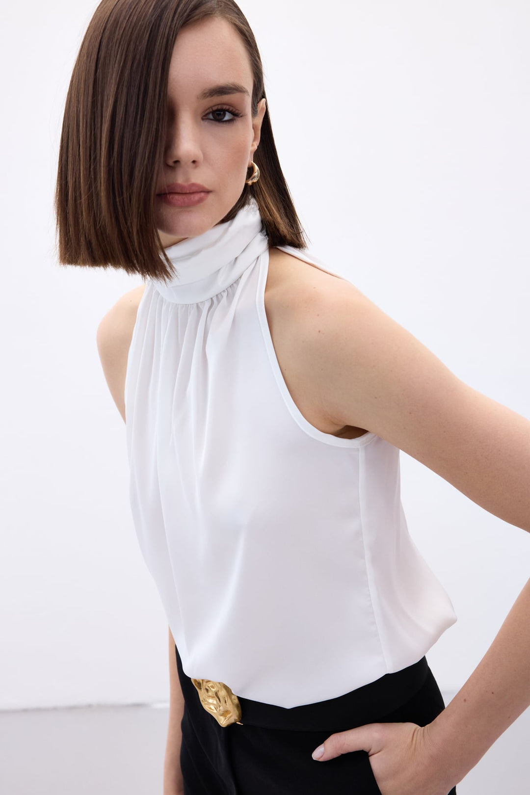 Sateen Blouse Sans Manches à Col Montant - Écru